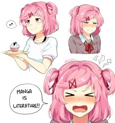 Rule 34 | &gt; &lt;, 1girl, :d, animal print, artist name, blazer, blush, casual, cat print, closed eyes, closed mouth, collarbone, commentary, crying, crying with eyes open, cupcake, doki doki literature club, facing viewer, fang, food, grey jacket, hair ornament, hairclip, half-closed eyes, holding, holding plate, jacket, long sleeves, looking to the side, multiple views, musical note, natsuki (doki doki literature club), no legs, nose blush, open mouth, pink eyes, pink hair, plate, portrait, ribbon, riifumu, school uniform, shirt, short hair, short sleeves, simple background, smile, speech bubble, split mouth, tears, two side up, upper body, wavy mouth, white background, white shirt, wing collar, xd