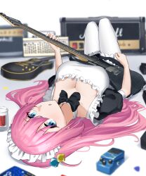 Rule 34 | 1girl, apron, black bow, black bowtie, black dress, blue eyes, blush, bocchi the rock!, bow, bowtie, breasts, cleavage, cube hair ornament, detached collar, dress, electric guitar, frilled dress, frills, from behind, full body, gotoh hitori, guitar, hair ornament, holding, holding instrument, instrument, knees up, large breasts, long hair, looking at viewer, looking back, lying, maid, maid headdress, nichijo, on back, one side up, pantyhose, pink hair, short sleeves, solo, very long hair, white apron, white pantyhose