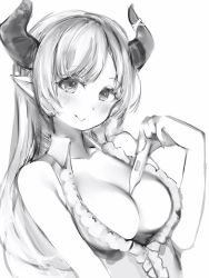 Rule 34 | 1girl, bad id, bad pixiv id, bare shoulders, blush, breasts, cleavage, closed mouth, digital thermometer, greyscale, highres, holding, hololive, horns, large breasts, looking at viewer, monochrome, nanashi (nlo), pointy ears, simple background, smile, solo, thermometer, virtual youtuber, white background, yuzuki choco, yuzuki choco (1st costume)