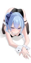 1girl absurdres alternate_costume ass asymmetrical_sidelocks bent_over black_thighhighs blue_eyes blue_hair blue_ribbon blush breasts cleavage closed_mouth collar double-parted_bangs fawny from_above hair_between_eyes hair_ribbon hand_over_another&#039;s_hand highres hololive hoshimachi_suisei jewelry kneeling leotard looking_at_viewer medium_hair playboy_bunny ribbon side_ponytail sidelocks simple_background skindentation small_breasts solo thighhighs thighlet virtual_youtuber white_background white_collar white_wrist_cuffs wrist_cuffs