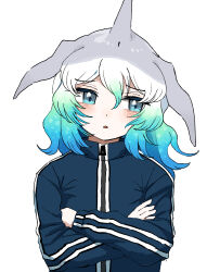 Rule 34 | 1girl, absurdres, alternate costume, blowhole, blue eyes, blue hair, blue jacket, blue track suit, blush, common bottlenose dolphin (kemono friends), crossed arms, dolphin girl, dorsal fin, fins, grey hair, head fins, highres, jacket, kanmoku-san, kemono friends, multicolored hair, short hair, solo, track jacket, track suit, upper body, white hair