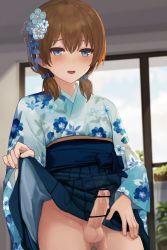 Rule 34 | 1boy, :d, bar censor, blue bow, blue eyes, blue flower, blue hakama, blue kimono, blue skirt, blurry, blurry background, blush, bow, brown hair, bulge, censored, closed mouth, clothes lift, cowboy shot, crossdressing, cum, day, depth of field, erection, erection under clothes, floral print, flower, furisode, gluteal fold, hair between eyes, hair bow, hair flower, hair ornament, hakama, hakama skirt, hand up, highres, indoors, japanese clothes, kimono, lifted by self, long hair, long sleeves, looking at viewer, low twintails, male focus, medium hair, no panties, obi, open mouth, original, penis, pleated skirt, precum, print kimono, sash, short twintails, skirt, skirt lift, sky, smile, solo, standing, sunaba (nczd5875), sweat, testicles, trap, twintails, white flower, white kimono, wide sleeves, window