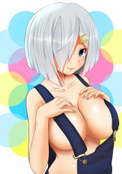 Rule 34 | 1girl, bare shoulders, blue eyes, breasts, cleavage, collarbone, hair ornament, hair over one eye, hairclip, hamakaze (kancolle), hand on own chest, hifumi kei, highres, kantai collection, large breasts, looking at viewer, naked overalls, overalls, short hair, silver hair, smile, solo, upper body