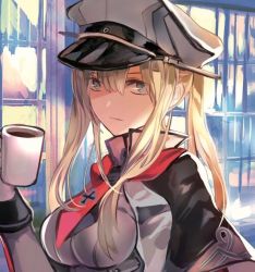 Rule 34 | 1girl, blonde hair, breasts, capelet, closed mouth, commentary request, cross, cup, graf zeppelin (kancolle), grey eyes, hair between eyes, hat, high ponytail, holding, holding cup, iron cross, kantai collection, large breasts, military, military hat, military uniform, multicolored background, necktie, peaked cap, rioka (southern blue sky), sidelocks, solo, twintails, uniform, white hat, window
