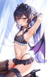 Rule 34 | 1girl, alternate breast size, alternate costume, arched back, armpits, arms behind head, black bra, black footwear, black hair, black skirt, blue hair, blue horns, bra, brown thighhighs, bu leike, chest harness, colored inner hair, demon girl, demon horns, demon tail, demon wings, earrings, flat chest, frilled bra, frilled thighhighs, frills, from side, gloves, hair tie in mouth, hairband, harness, heart o-ring, high heels, highleg, highleg panties, highres, holding, holding own hair, horns, ichinose uruha, ichinose uruha (birthday 2023), jewelry, kneeling, lolita hairband, long hair, looking at viewer, microskirt, mouth hold, multicolored hair, navel, o-ring, o-ring harness, panties, pleated skirt, presenting armpit, purple eyes, shoes, skindentation, skirt, solo, stomach, striped bra, striped clothes, tail, thighhighs, tying hair, underwear, vertical-striped bra, vertical-striped clothes, very long hair, virtual youtuber, vspo!, white gloves, wings