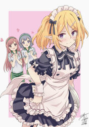 Rule 34 | 3girls, absurdres, apron, artist logo, black dress, blonde hair, blush, bow, bowtie, character request, chloe (princess connect!), clenched hands, collared dress, dated, dress, frown, garter straps, green shorts, hair between eyes, hair ornament, hairband, hairclip, heart, highres, holding, holding tray, long hair, looking at viewer, maid, maid apron, maid headdress, multiple girls, pointy ears, princess connect!, purple eyes, sekiya kuzuyu, shirt, short hair, short sleeves, shorts, sidelocks, solo focus, tray, twintails, white shirt, wrist cuffs