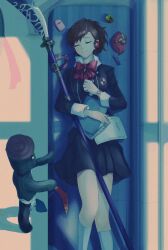 Rule 34 | 1girl, andkyuryuu, black jacket, black skirt, book, boomerang, bow, bowtie, brown hair, cellphone, closed eyes, closed mouth, collar, collared shirt, commentary, feet out of frame, flip phone, folder, from above, gekkoukan high school uniform, glaze artifacts, hair ornament, hairclip, headphones, highres, holding, holding book, holding folder, holding paper, holding polearm, holding weapon, jacket, knee up, kneehighs, lighter, long sleeves, lying, naginata, on back, paper, persona, persona 3, persona 3 portable, phone, polearm, ponytail, red bow, red headphones, school uniform, shadow (persona), shiomi kotone, shirt, short hair, skirt, sleeping, smile, socks, solo, train, train interior, unworn collar, watch, weapon, white shirt, white socks, wing collar, wristwatch
