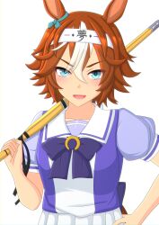 Rule 34 | 1girl, 2-butani, absurdres, animal ears, bamboo memory (umamusume), blue eyes, bow, brown hair, closed mouth, commentary request, eyebrows hidden by hair, from side, hair between eyes, hand on own hip, headband, highres, holding, holding stick, horse ears, horse girl, looking at viewer, looking to the side, multicolored hair, purple shirt, school uniform, shirt, short hair, simple background, sketch, solo, stick, streaked hair, tracen school uniform, umamusume, v-shaped eyebrows, white background, white bow, white hair, white headband