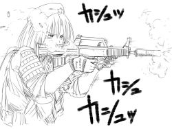 Rule 34 | 1girl, assault rifle, bullpup, casing ejection, didloaded, elbow pads, female focus, firing, gloves, greyscale, gun, hat, holding, holding gun, holding weapon, hong meiling, long hair, military operator, monochrome, muzzle flash, rifle, shell casing, smoke, solo, suppressor, touhou, vest, weapon