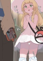 Rule 34 | 1boy, 1girl, bag, blonde hair, blunt bangs, braid, censored, collared dress, commentary request, creatures (company), dress, duffel bag, elio (pokemon), exhibitionism, female pubic hair, game freak, green eyes, hands up, hat, heart, heart censor, holding, holding phone, lillie (pokemon), long hair, nintendo, no panties, open mouth, own hands together, phone, poke ball theme, pokemon, pokemon sm, pubic hair, public indecency, pussy juice, pussy juice drip, pussy juice trail, samidare (hoshi), see-through, sleeveless, sleeveless dress, socks, sun hat, sundress, sweat, teeth, tongue, trembling, twin braids, upper teeth only, white dress, white headwear, white socks