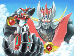Rule 34 | cloud, crossed arms, crossover, day, getter robo, highres, matchin, mazinger (series), mazinkaiser, mazinkaiser (robot), mecha, robot, shin getter-1, shin getter robo