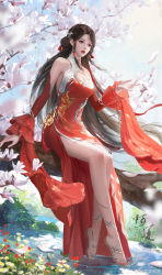 Rule 34 | 1girl, absurdres, bare legs, blue sky, brown hair, chinese clothes, cleavage cutout, clothing cutout, dress, facial mark, forehead mark, full body, fupo alian, grass, hair ornament, hair rings, high heels, highres, huo linger (wanmei shijie), long hair, moss, red dress, ripples, rock, sitting, sky, solo, wanmei shijie, water