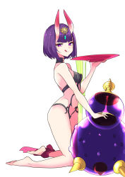 Rule 34 | 1girl, absurdres, alcohol, ankle ribbon, bare shoulders, barefoot, blush, bob cut, breasts, closed mouth, cup, delrah, eyeliner, fate/grand order, fate (series), feet, gourd, headpiece, highres, horns, kneeling, leg ribbon, legs, licking lips, looking at viewer, makeup, navel, oni, purple eyes, purple hair, red ribbon, revealing clothes, ribbon, sakazuki, sake, short eyebrows, short hair, shuten douji (fate), simple background, skin-covered horns, small breasts, smile, solo, tongue, tongue out, white background