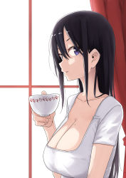 Rule 34 | 1girl, absurdres, black hair, blue eyes, breasts, cleavage, collarbone, cup, highres, large breasts, looking at viewer, mole, mole on breast, mole under eye, original, profile, rucchiifu, solo, teacup, upper body, window