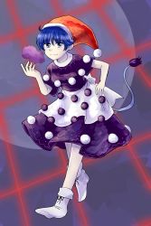 Rule 34 | 1girl, apron, blue eyes, blue hair, boots, doremy sweet, dream soul, dress, full body, hajimakura, hat, highres, looking at viewer, nightcap, pom pom (clothes), short hair, short sleeves, smile, solo, standing, tail, tapir tail, touhou