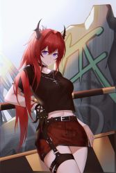 Rule 34 | 1girl, absurdres, against railing, arknights, backlighting, banshi, belt, belt buckle, black gloves, black shirt, breasts, buckle, closed mouth, collar, cowboy shot, cross, cross necklace, gloves, graffiti, hair intakes, highres, horns, jewelry, long hair, looking at viewer, medium breasts, midriff, miniskirt, navel, necklace, official alternate costume, ponytail, purple eyes, railing, red hair, red skirt, shirt, short sleeves, single glove, skirt, smile, solo, surtr (arknights), surtr (liberte echec) (arknights), thigh strap