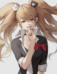 Rule 34 | 1girl, absurdres, bear hair ornament, black shirt, blonde hair, bow, commentary request, cotta (heleif), danganronpa: trigger happy havoc, danganronpa (series), enoshima junko, grey background, hair ornament, hand to own mouth, hand up, highres, long hair, looking at viewer, nail polish, open mouth, red bow, red nails, shirt, short sleeves, simple background, solo, teeth, twintails, upper body, upper teeth only