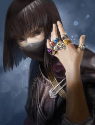 Rule 34 | 1girl, blue background, bob cut, brown eyes, cape, covered mouth, dark souls (series), dark souls i, jewelry, lots of jewelry, mask, nukotama, ring, short hair, solo