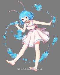 Rule 34 | 1girl, antennae, barefoot, blue hair, bow, company name, dress, feet, full body, grey background, gyakushuu no fantasica, millgua, official art, pink eyes, pointy ears, simple background, solo, toes, water