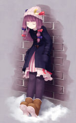 Rule 34 | 1girl, adapted costume, against wall, black pantyhose, boots, brick wall, closed eyes, crescent, dress, frilled dress, frills, fur boots, hair ribbon, hands in pockets, hanpitsu (palewhite), hat, leaning back, long hair, pantyhose, patchouli knowledge, purple hair, ribbon, snow, snowing, solo, striped, touhou, very long hair, wall