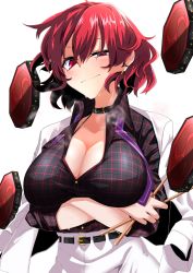 Rule 34 | 1girl, arms under breasts, belt, black shirt, blush, breasts, cleavage, collarbone, commentary request, drum, drumsticks, earrings, highres, holding, holding drumsticks, horikawa raiko, instrument, jacket, jewelry, large breasts, looking at viewer, plaid, red eyes, red hair, rihito (usazukin), shirt, short hair, simple background, skirt, smile, solo, touhou, upper body, white background, white jacket, white skirt
