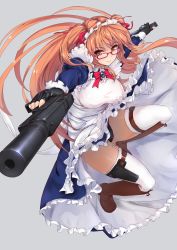 Rule 34 | 1girl, apron, black gloves, black panties, boots, bow, bowtie, breasts, brown eyes, brown footwear, commentary, fingerless gloves, frills, full body, garter straps, glasses, gloves, grey background, gun, handgun, headset, highres, holding, holding gun, holding weapon, holster, juliet sleeves, knee boots, large breasts, long hair, long sleeves, looking at viewer, maid, maid apron, maid headdress, open mouth, orange hair, original, panties, puffy sleeves, red-framed eyewear, simple background, smile, solo, thigh holster, toriatto gununu, underwear, weapon, white legwear