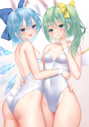 Rule 34 | 2girls, animal ears, ass, blue bow, blue eyes, blue hair, blush, bow, cirno, commission, covered navel, cowboy shot, daiyousei, detached collar, detached wings, fairy, fairy wings, fake animal ears, fake tail, green eyes, green hair, groin, hair between eyes, hair bow, highres, ice, ice wings, leotard, long hair, multiple girls, open mouth, parted lips, playboy bunny, rabbit ears, rabbit tail, short hair, side ponytail, smile, strapless, strapless leotard, tail, touhou, white leotard, wings, wrist cuffs, y na1211