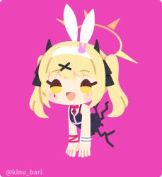 Rule 34 | 1girl, animal ears, black dress, black horns, blonde hair, blue archive, blush, demon horns, detached collar, dress, fake animal ears, hair ornament, hairband, halo, horns, ibuki (blue archive), kinubari nerune, long hair, open mouth, pink background, rabbit ears, rabbit hole (vocaloid), simple background, smile, solo, twintails, twitter username, vocaloid, white hairband, x hair ornament, yellow eyes, yellow halo