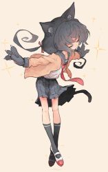 Rule 34 | 1girl, animal ear fluff, animal ears, animal hands, arms up, black hair, black sailor collar, black serafuku, black skirt, cardigan, cat ears, cat girl, cat tail, claws, closed eyes, closed mouth, crossed ankles, floating hair, full body, gloves, highres, kasa (hitori sanka), long hair, low twintails, neckerchief, open cardigan, open clothes, orange background, orange sweater, original, outstretched arms, paw gloves, pleated skirt, red neckerchief, sailor collar, school uniform, serafuku, shirt, simple background, skirt, solo, sparkle, spread arms, sweater, tail, twintails, white shirt