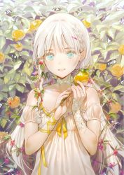 Rule 34 | 1girl, absurdres, aqua eyes, bare shoulders, braid, choker, detached sleeves, dress, dsmile, eyebrows, flat chest, flower, food, frilled dress, frills, fruit, hair ornament, hair vines, hairclip, henna, highres, holding, holding flower, leaf, long hair, looking at viewer, low twintails, nail polish, original, plant, revision, ribbon, rose, scan, side braid, solo, strapless, strapless dress, twintails, upper body, vines, white dress, white hair, wrist ribbon, yellow flower, yellow nails, yellow ribbon, yellow rose