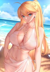 Rule 34 | 1girl, absurdres, ahoge, arm at side, artoria pendragon (fate), artoria pendragon (lancer) (fate), beach, bikini, blonde hair, blue eyes, breasts, cleavage, closed mouth, cloud, day, earrings, fate/grand order, fate (series), genkung, hand on own hip, highres, jewelry, large breasts, long hair, looking at viewer, navel, necklace, o-ring, o-ring bikini, outdoors, ponytail, ring, ring necklace, sand, sarong, see-through, smile, solo, swimsuit, very long hair, water, white bikini