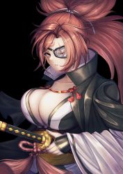 Rule 34 | 1girl, absurdres, amputee, baiken, black background, breasts, cleavage, eyepatch, facial mark, facial tattoo, guilty gear, guilty gear strive, highres, holding, holding sword, holding weapon, japanese clothes, katana, kimono, large breasts, long hair, looking at viewer, one-eyed, open clothes, open kimono, pink hair, ponytail, scar, scar across eye, scar on face, simple background, solo, sword, tattoo, tomeyan, weapon