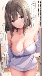 Rule 34 | 1girl, absurdres, bare shoulders, breasts, brown hair, cleavage, collarbone, commentary request, highres, large breasts, looking at viewer, medium hair, off-shoulder shirt, off shoulder, original, purple eyes, ramchi, shirt, solo, speech bubble, thighs, thought bubble, translation request, white shirt