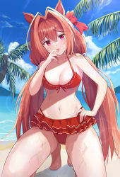 Rule 34 | 1girl, absurdres, aisaka tisato, animal ears, bare arms, bare shoulders, bikini, bikini skirt, blue sky, blush, bow, breasts, brown hair, cleavage, cloud, crossed bangs, daiwa scarlet (trifle vacation) (umamusume), daiwa scarlet (umamusume), day, fang, frilled bikini, frills, hair between eyes, hair bow, hair intakes, halterneck, hand on own hip, hand to own mouth, highleg, highleg bikini, highres, horse ears, horse girl, kneeling, large breasts, long hair, looking at viewer, navel, open mouth, palm tree, red bikini, red bow, red eyes, red ribbon, ribbon, skin fang, sky, solo, stomach, swimsuit, tree, twintails, umamusume, very long hair, water, wet