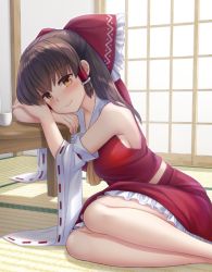 Rule 34 | 1girl, arm support, ascot, bare legs, bare shoulders, blush, bow, breasts, brown hair, choko (cup), closed mouth, commentary request, cup, detached sleeves, feet out of frame, frilled bow, frilled skirt, frills, hair bow, hair tubes, hakurei reimu, indoors, long hair, long sleeves, looking at viewer, medium breasts, medium skirt, nagiyamasugi, on floor, red bow, red shirt, red skirt, shirt, sideboob, sidelocks, sitting, skirt, sleeveless, sleeveless shirt, smile, solo, table, tatami, touhou, wide sleeves, yellow ascot, yellow eyes, yokozuwari