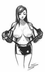 Rule 34 | 1990s (style), 1girl, bad id, bad tumblr id, breasts, cowboy shot, cropped legs, detached sleeves, final fantasy, final fantasy vii, gloves, greyscale, half-closed eyes, highres, large breasts, long hair, miniskirt, monochrome, navel, nipples, pencil skirt, retro artstyle, robaato, sketch, skirt, solo, square enix, suspender skirt, suspenders, suspenders pull, tifa lockhart, topless