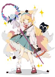 Rule 34 | 1girl, animal ears, ankle cuffs, arknights, black cat, blonde hair, blue hairband, blue skirt, cardigan, cat, cloudless923, fox ears, fox girl, fox tail, frilled hairband, frills, hair down, hairband, highres, holding, holding staff, kitsune, long hair, long sleeves, looking at viewer, luo xiaohei, multicolored hair, multiple tails, neck, official alternate costume, open cardigan, open clothes, red footwear, red ribbon, ribbon, shirt, shoes, simple background, skirt, solo, sparkle, staff, standing, streaked hair, suzuran (arknights), suzuran (spring praise) (arknights), tail, luo xiaohei zhanji, white background, white cardigan, white hair, white shirt