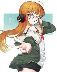 Rule 34 | 1girl, ahoge, arm up, bare shoulders, behind-the-head headphones, black shorts, black tank top, black undershirt, blunt bangs, blush, coat, fur-trimmed coat, fur-trimmed hood, fur trim, glasses, green background, green coat, hand on headphones, hand on headwear, hand up, happy, headphones, highres, hime cut, hood, hood down, hooded coat, long sleeves, looking at viewer, looking to the side, mani m, off-shoulder shirt, off shoulder, one eye closed, open mouth, orange hair, outstretched arm, persona, persona 5, purple eyes, sakura futaba, shirt, short shorts, shorts, simple background, smile, solo, t-shirt, tank top, teeth, turning head, two-tone background, ufo, v, white background, white shirt