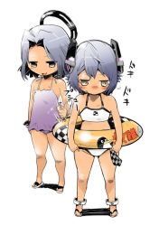 Rule 34 | 10s, 2girls, :d, alternate breast size, anklet, bare shoulders, bikini, blush, casual one-piece swimsuit, chibi, evil smile, failure penguin, flat chest, fujita kakuji, full body, grey hair, groin, halo, headgear, holding, innertube, jewelry, kantai collection, looking away, looking down, mechanical halo, miss cloud, motion lines, multiple girls, needle, nose blush, one-piece swimsuit, open mouth, purple one-piece swimsuit, sandals, shadow, short hair, simple background, smile, sports bikini, stab, standing, swim ring, swimsuit, tatsuta (kancolle), tenryuu (kancolle), thighs, wavy mouth, white background, white bikini, yellow eyes