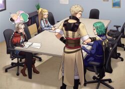 Rule 34 | 2boys, 2girls, absurdres, ahoge, anger vein, angry, beard, black pants, blonde hair, blue eyes, boots, braid, chair, commission, facial hair, fire emblem, fire emblem: three houses, fire emblem awakening, fire emblem engage, fire emblem fates, fire emblem heroes, fujoshi, glasses, green hair, grey hair, hairband, heart, high ponytail, highres, jade (fire emblem), kayksyla, leather, leather boots, long hair, looking at another, low twin braids, multiple boys, multiple girls, nina (fire emblem), nintendo, office chair, owain (fire emblem), pants, parted bangs, shipping (fandom), second-party source, seteth (fire emblem), swivel chair, twin braids, writing, yellow eyes