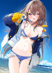 Rule 34 | 1girl, :d, absurdres, bandaid, bandaid on leg, bikini, blue bikini, blue jacket, blue sky, bottle, braid, breasts, brown hair, cleavage, cloud, commentary request, day, gluteal fold, hair between eyes, hair ornament, hairclip, hand up, highres, holding, holding bottle, horizon, jacket, kamioka shun&#039;ya, long hair, long sleeves, looking at viewer, medium breasts, navel, ocean, off shoulder, open clothes, open jacket, open mouth, original, outdoors, puffy long sleeves, puffy sleeves, purple eyes, ramune, see-through, sky, sleeves past wrists, smile, solo, swimsuit, thigh gap, very long hair, water, wet