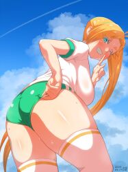 Rule 34 | 1girl, adjusting clothes, ass, blonde hair, blue sky, breasts, calamity jane (fate), cloud, dated, fate/grand order, fate (series), green eyes, green shorts, guriguri (arayotto4351), gym uniform, hand on own ass, highres, large breasts, shirt, shorts, sky, smile, solo, tagme, teeth, thighhighs, thighs, white shirt, white thighhighs