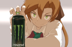 Rule 34 | &gt;:), 10s, 1girl, akigumo (kancolle), bad id, bad pixiv id, brown hair, can, energy drink, green eyes, hair ribbon, kantai collection, long hair, long sleeves, looking at viewer, monster energy, multiple girls, opening can, ponytail, ribbon, school uniform, simple background, smile, solo, upper body, v-shaped eyebrows, yamaioni (sasakama)