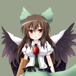 Rule 34 | 1girl, arm cannon, bad id, bad pixiv id, black wings, bow, breasts, brown hair, cape, cyanomirahi, female focus, green skirt, hair bow, highres, long hair, open mouth, red eyes, reiuji utsuho, shirt, simple background, skirt, solo, space, star (sky), tears, third eye, touhou, weapon, wings