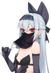 Rule 34 | 1girl, bare shoulders, beijuu, black gloves, bow, breasts, champagne flute, choker, cup, drinking glass, earrings, elbow gloves, girls&#039; frontline, gloves, hair bow, hairband, highres, jewelry, long hair, looking at viewer, mask, medium breasts, mouth veil, red eyes, silver hair, simple background, small breasts, solo, tokarev (girls&#039; frontline), tokarev (griffin&#039;s dancer) (girls&#039; frontline), veil, white background