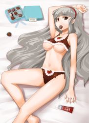 Rule 34 | 00s, 1girl, armpits, barefoot, bikini, bodypaint, breasts, brown eyes, candy, chocolate, cream, false clothes, food, food as clothes, food girl, grey hair, hairband, icing, idolmaster, idolmaster (classic), idolmaster 1, long hair, lying, medium breasts, mouth hold, naked chocolate, navel, nude, on back, painted clothes, shijou takane, solo, sugar (sugarless), swimsuit, underboob, valentine, very long hair