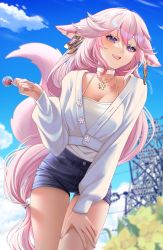 Rule 34 | 1girl, :d, absurdres, alternate costume, animal ears, blue shorts, blue sky, blush, breasts, candy, choker, cleavage, cloud, cowboy shot, day, earrings, floppy ears, flower, food, fox ears, fox tail, from below, genshin impact, halterneck, hand on own thigh, highres, holding, holding candy, holding food, holding lollipop, jewelry, leaning forward, lollipop, long hair, long sleeves, looking at viewer, low ponytail, medium breasts, miraymoon, nail polish, open mouth, outdoors, parted lips, pendant, pink hair, pink tail, purple eyes, shirt, short shorts, shorts, sidelocks, sky, smile, standing, sweater, tail, teeth, thighs, twitter username, upper teeth only, white choker, white shirt, white sweater, yae miko, yellow flower