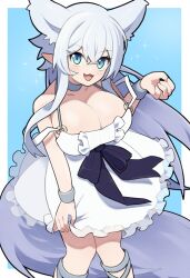 Rule 34 | 1girl, :3, animal ears, ariceriver mew, blue eyes, blue ribbon, breasts, cleavage, clothes lift, dress, dress lift, extra ears, fang, feet out of frame, fenrys, frilled dress, frills, grey choker, grey wrist cuffs, highres, huge breasts, large breasts, lifting own clothes, looking at viewer, lv2 kara cheat datta moto yuusha kouho no mattari isekai life, nail polish, o-ring strap, open mouth, pointy ears, ribbon, simple background, smile, solo, strap slip, waist ribbon, white dress, white hair, wolf ears