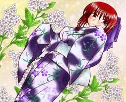 Rule 34 | 00s, 1girl, blue eyes, dutch angle, flower, forte stollen, galaxy angel, japanese clothes, jpeg artifacts, kimono, looking at viewer, lying, non-web source, red hair, short hair, smile, solo, yukata
