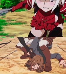 Rule 34 | 1girl, 2boys, animated, animated gif, arrow (projectile), ass, battle, beard, between legs, between thighs, bow (weapon), chaika bogdan, facial hair, forest, gloves, headband, hitsugi no chaika, house, legs, lower body, multiple boys, nature, non-web source, purple eyes, short shorts, shorts, sword, thigh gap, thighs, upskirt, view between legs, weapon, white hair